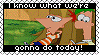 Stamp saying, 'I know what we're gonna do today,' with pictures from the Phineas and Ferb intro; gif